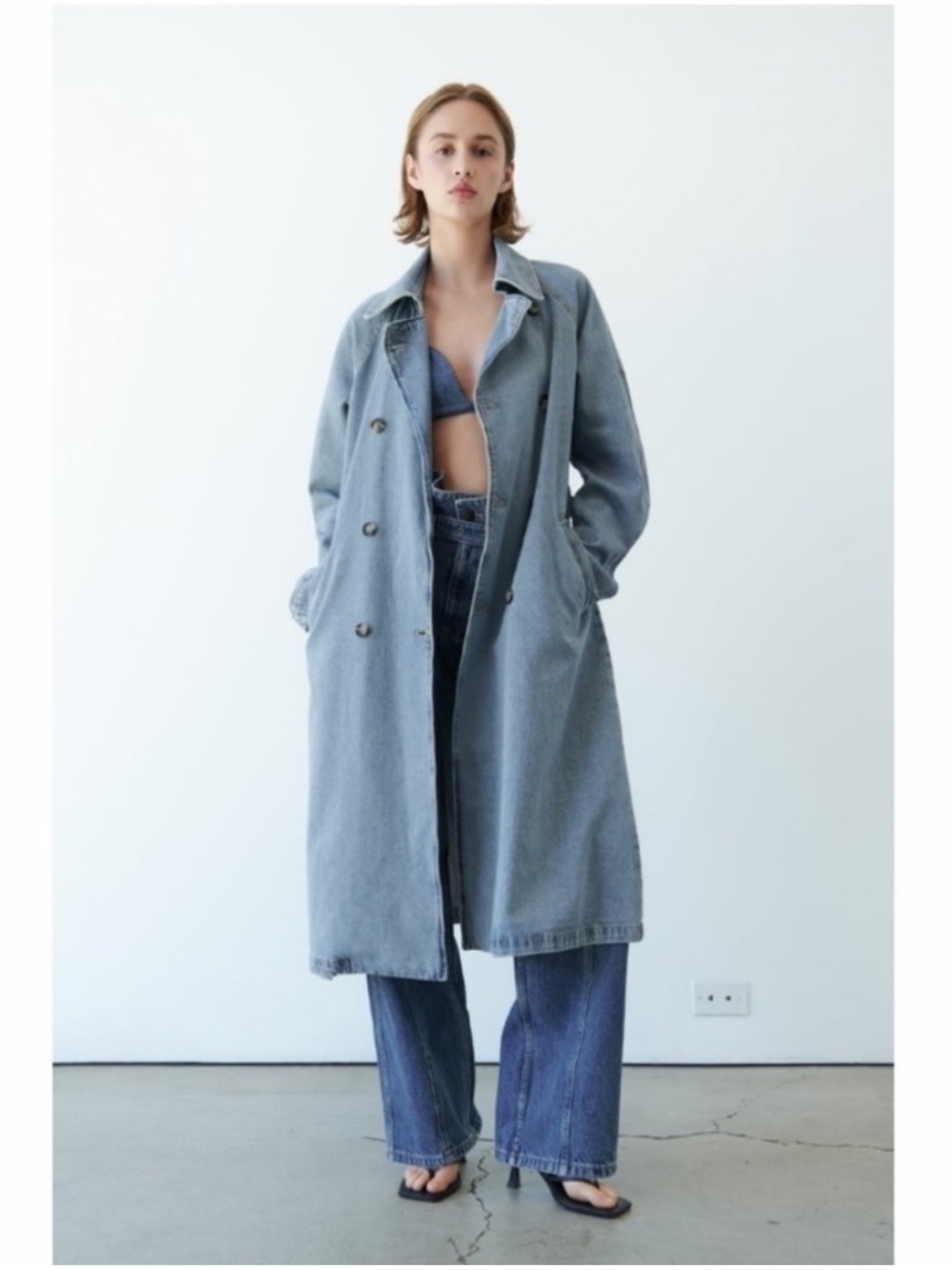 Zara Denim Long Trench Coat Sz S 100% Cotton